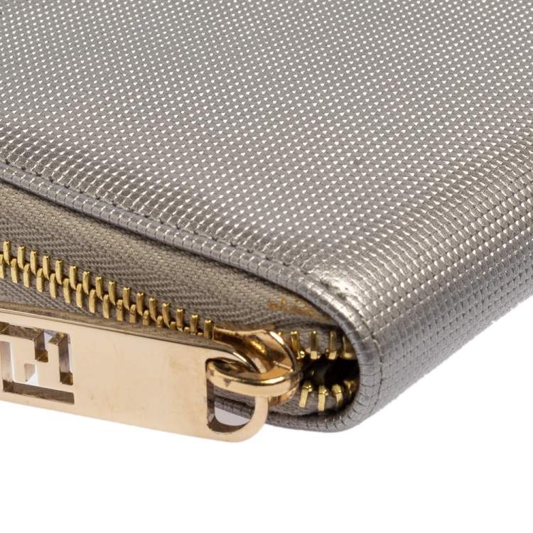 Pre Owned Fendi Metallic Silver Leather Zip Around Wallet
