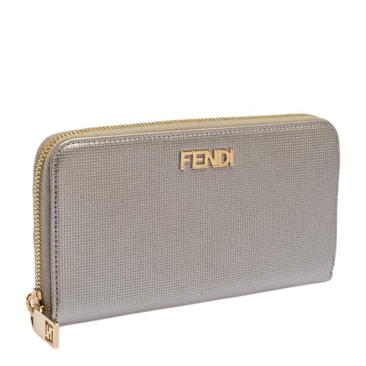 Pre Owned Fendi Metallic Silver Leather Zip Around Wallet