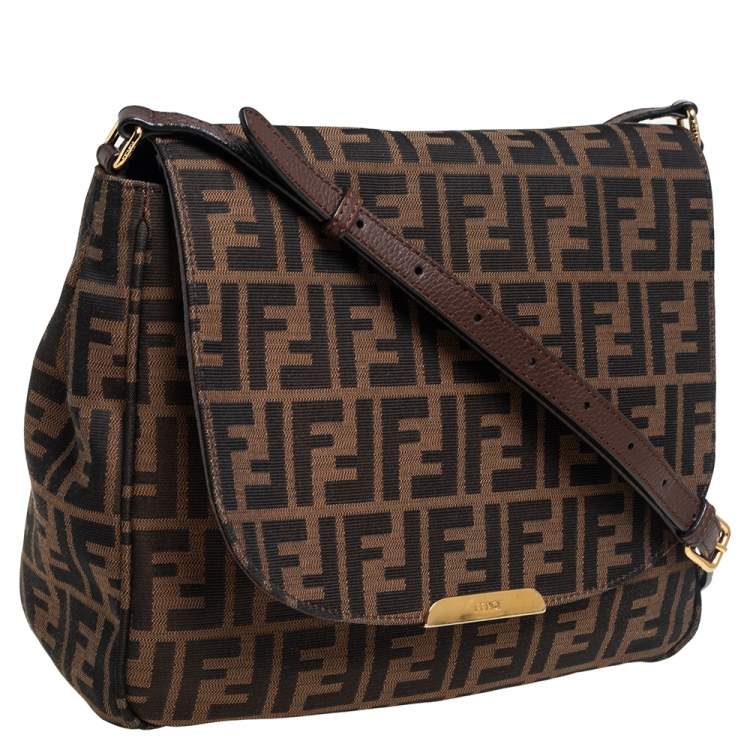 Pre Owned Fendi Tobacco Zucca Canvas and Leather Flap Shoulder Bag
