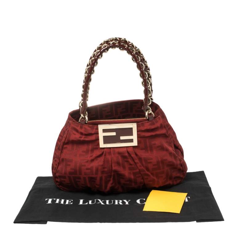 Pre Owned Fendi Red Zucca Canvas and Patent Leather Small Mia Tote