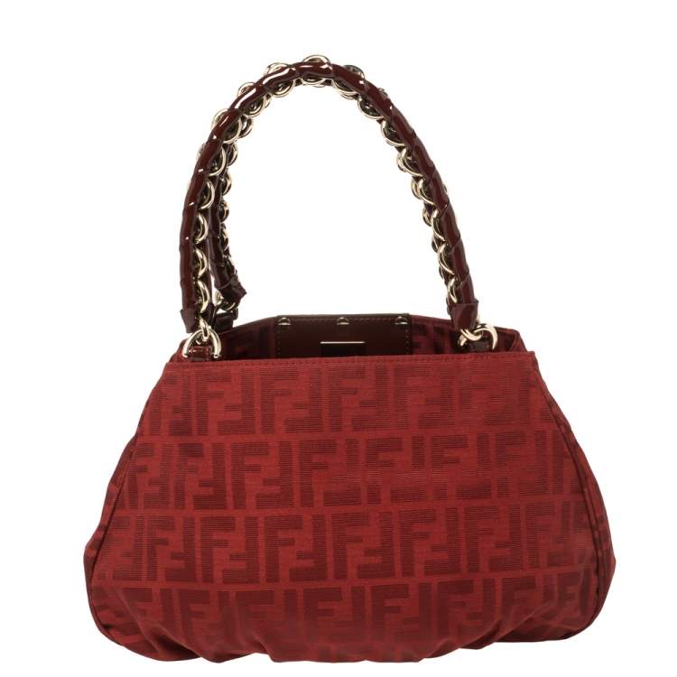 Pre Owned Fendi Red Zucca Canvas and Patent Leather Small Mia Tote