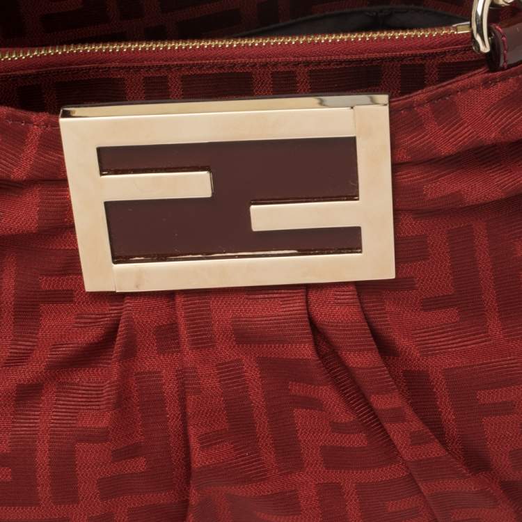 Pre Owned Fendi Red Zucca Canvas and Patent Leather Small Mia Tote