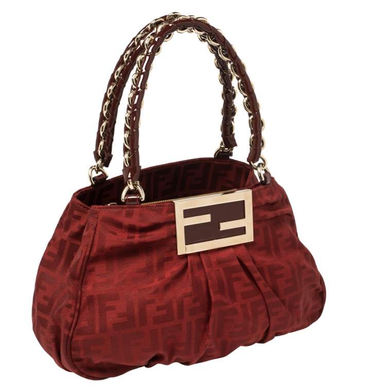 Pre Owned Fendi Red Zucca Canvas and Patent Leather Small Mia Tote