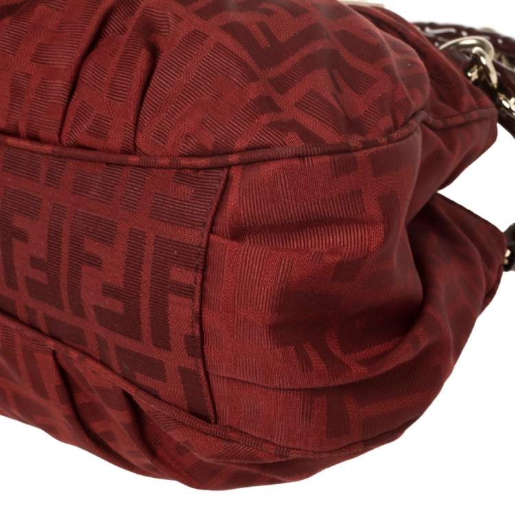 Pre Owned Fendi Red Zucca Canvas and Patent Leather Small Mia Tote