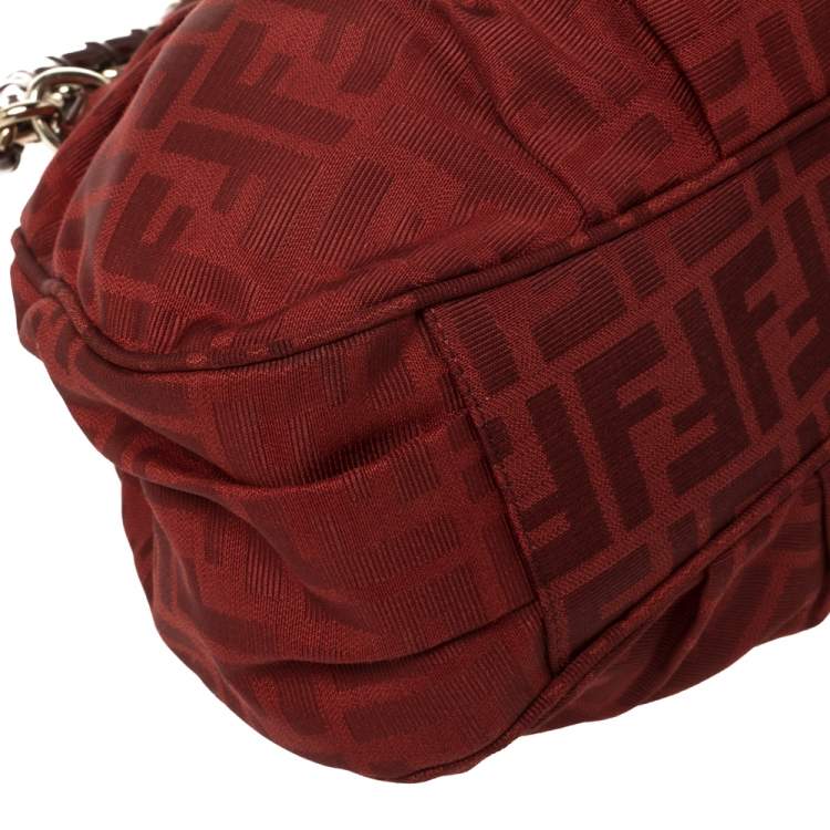 Pre Owned Fendi Red Zucca Canvas and Patent Leather Small Mia Tote