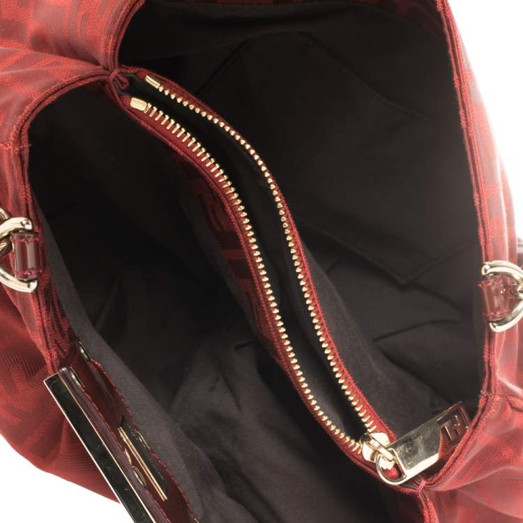 Pre Owned Fendi Red Zucca Canvas and Patent Leather Small Mia Tote