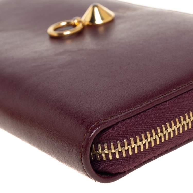 Pre Owned Fendi Burgundy Leather Dotcom Zip Around Wallet