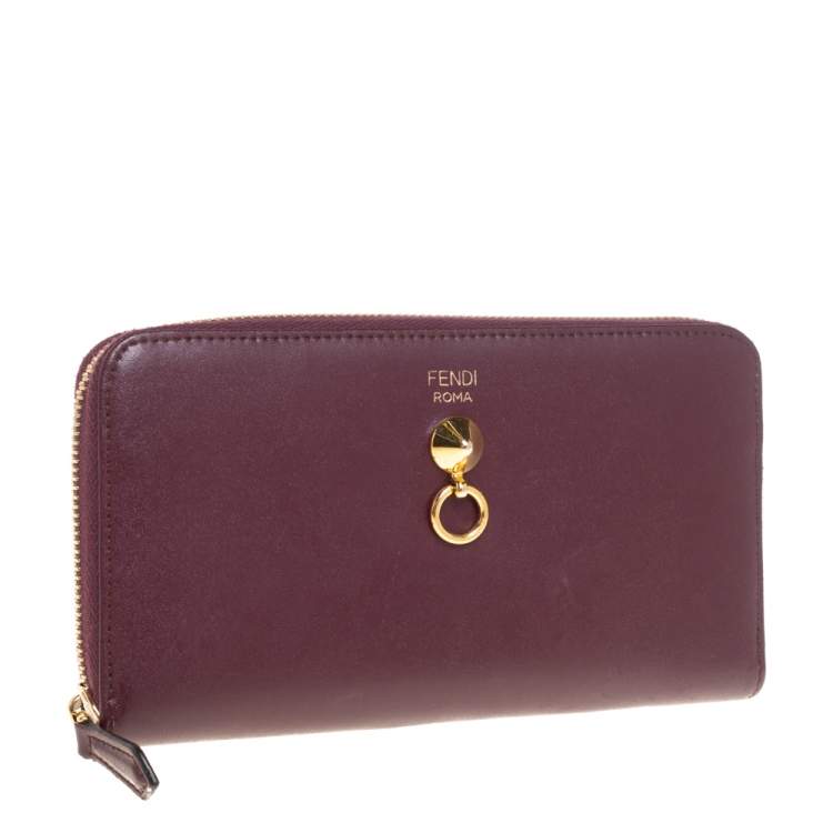 Pre Owned Fendi Burgundy Leather Dotcom Zip Around Wallet