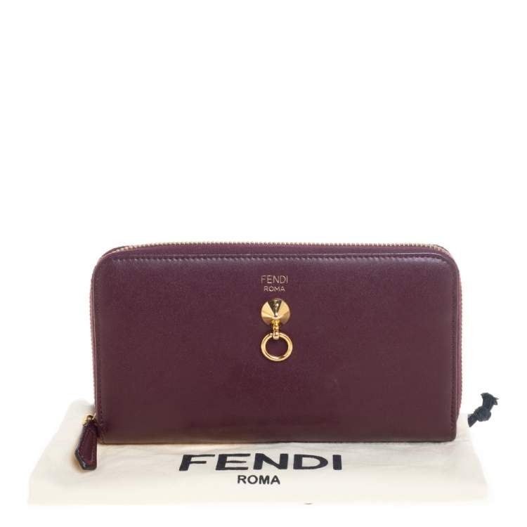 Pre Owned Fendi Burgundy Leather Dotcom Zip Around Wallet