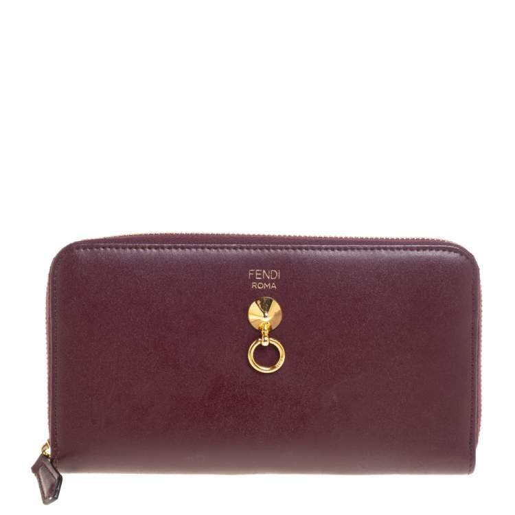 Pre Owned Fendi Burgundy Leather Dotcom Zip Around Wallet