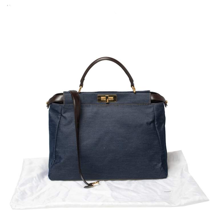 Pre Owned Fendi Blue/Dark Brown Denim and Leather Large Peekaboo Top Handle Bag