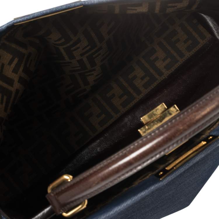 Pre Owned Fendi Blue/Dark Brown Denim and Leather Large Peekaboo Top Handle Bag