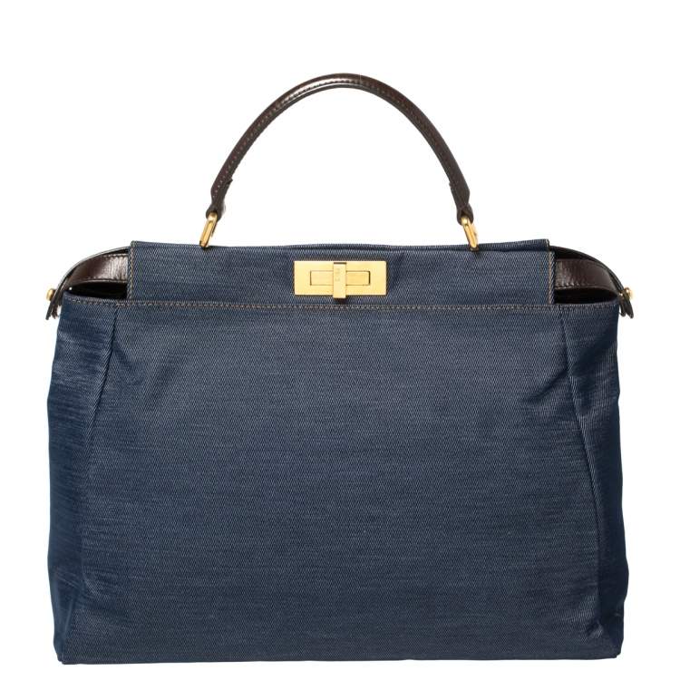 Pre Owned Fendi Blue/Dark Brown Denim and Leather Large Peekaboo Top Handle Bag