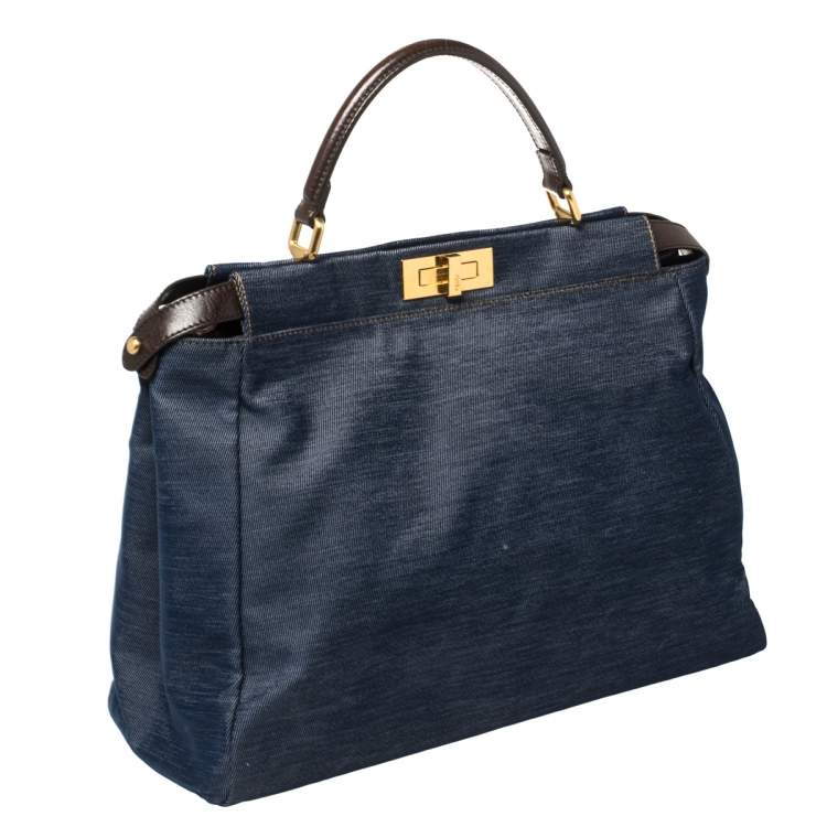 Pre Owned Fendi Blue/Dark Brown Denim and Leather Large Peekaboo Top Handle Bag