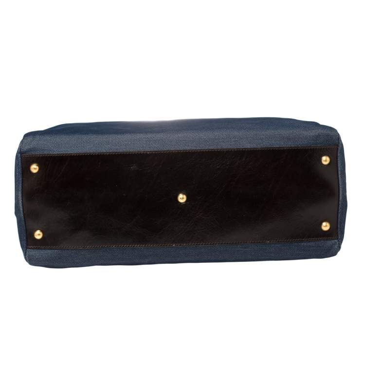 Pre Owned Fendi Blue/Dark Brown Denim and Leather Large Peekaboo Top Handle Bag