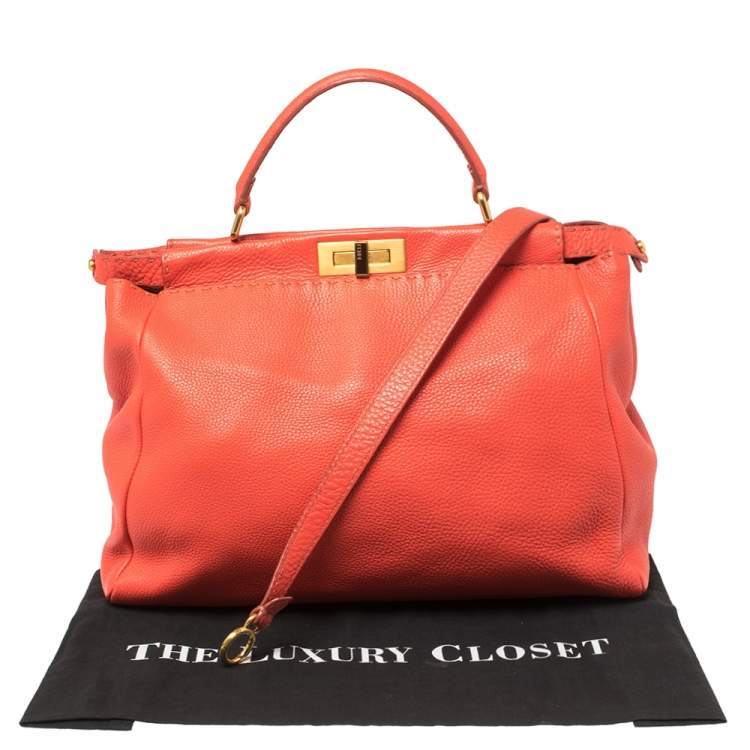 Pre Owned Fendi Coral Orange Selleria Leather Large Peekaboo Top Handle Bag