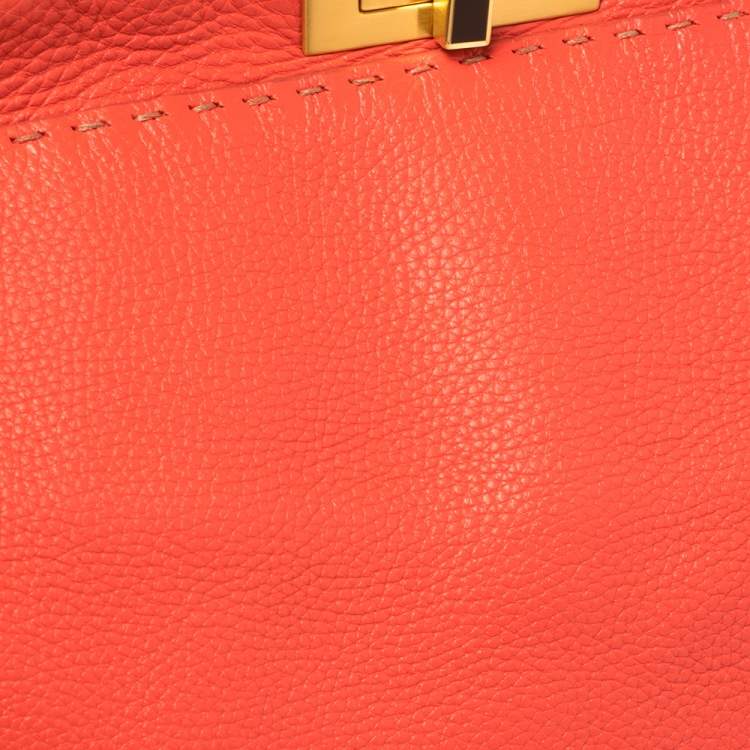 Pre Owned Fendi Coral Orange Selleria Leather Large Peekaboo Top Handle Bag