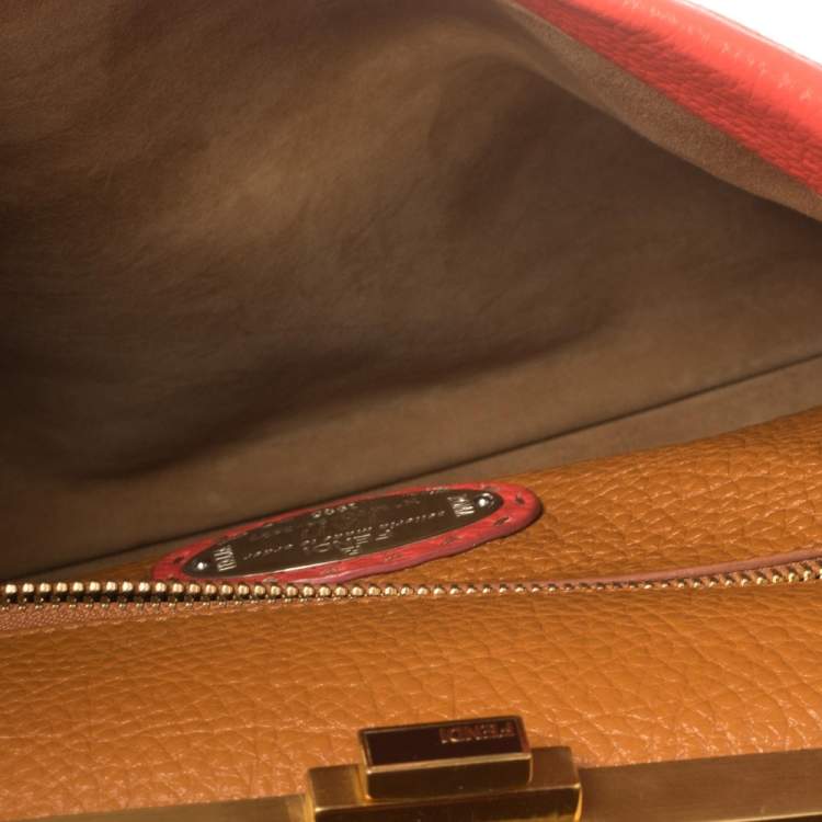 Pre Owned Fendi Coral Orange Selleria Leather Large Peekaboo Top Handle Bag