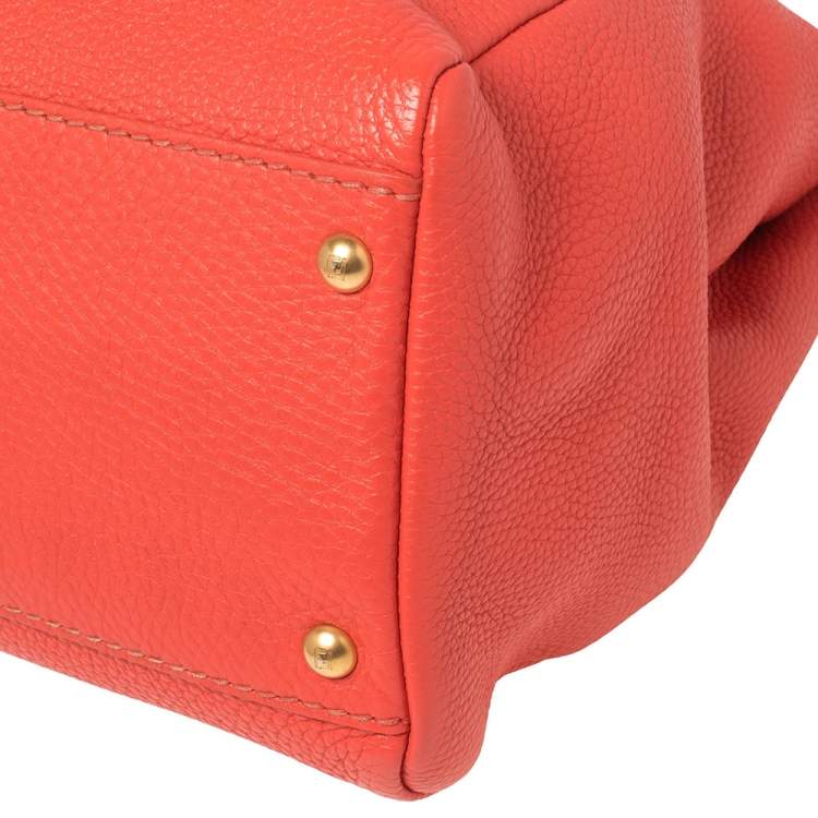 Pre Owned Fendi Coral Orange Selleria Leather Large Peekaboo Top Handle Bag