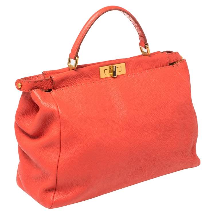 Pre Owned Fendi Coral Orange Selleria Leather Large Peekaboo Top Handle Bag