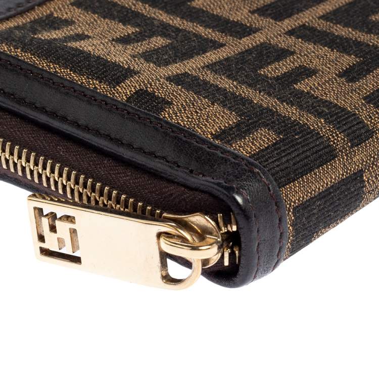 Pre Owned Fendi Tobacco Zucca Canvas and Leather Zip Around Wallet