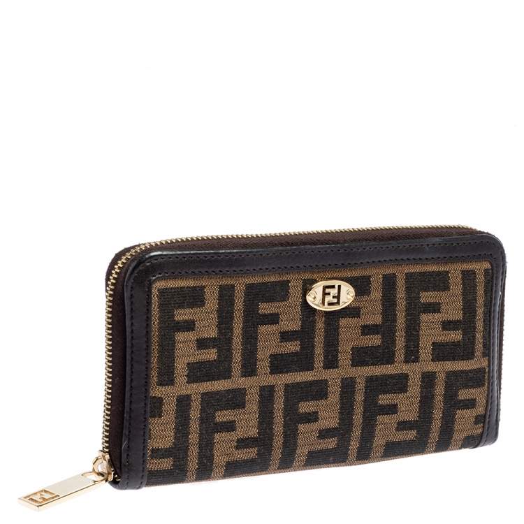 Pre Owned Fendi Tobacco Zucca Canvas and Leather Zip Around Wallet