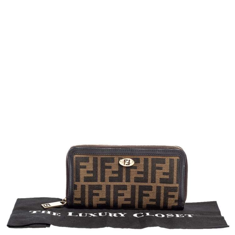 Pre Owned Fendi Tobacco Zucca Canvas and Leather Zip Around Wallet