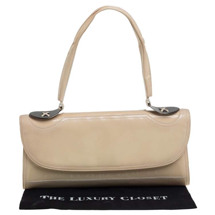Pre Owned Fendi Beige Patent Leather East West Top Handle Bag