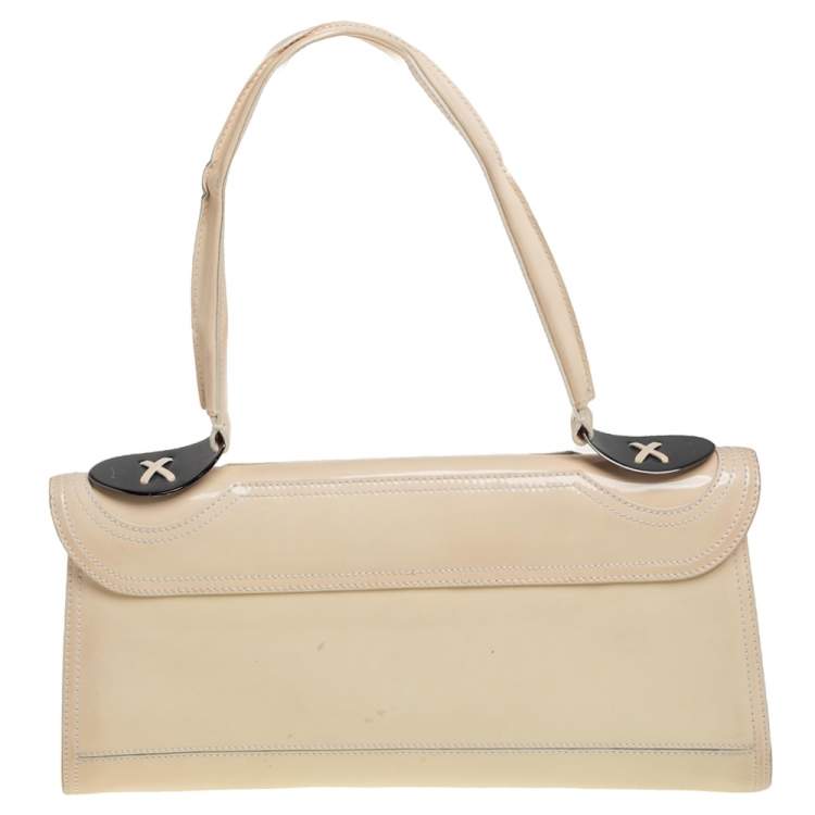 Pre Owned Fendi Beige Patent Leather East West Top Handle Bag
