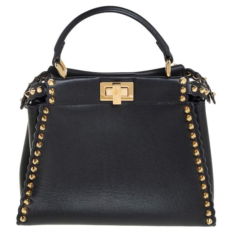مملوكة مسبقًا Fendi Black Leather Mini Studded Peekaboo Top Handle Bag