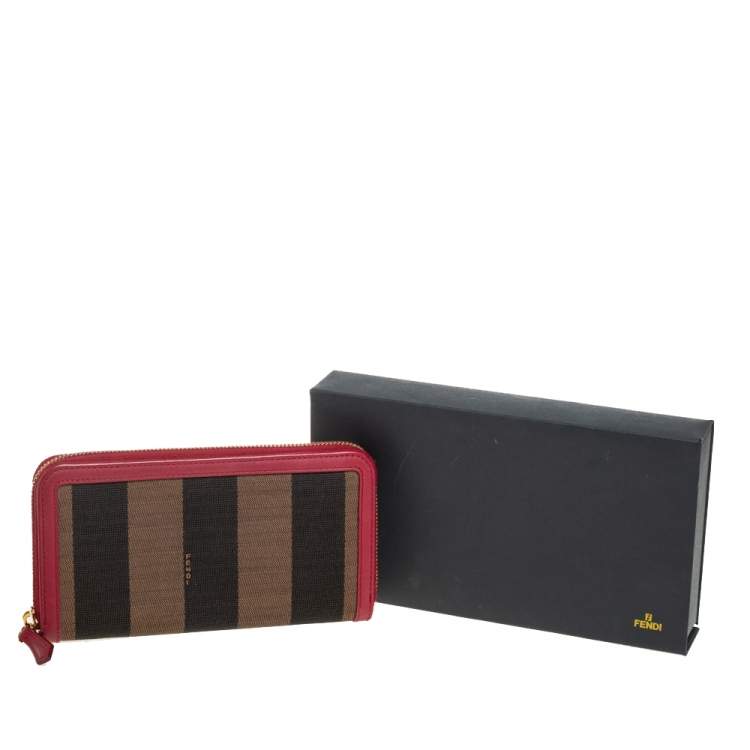 Pre Owned Fendi Red/Tobacco Pequin Canvas Zip Around Wallet