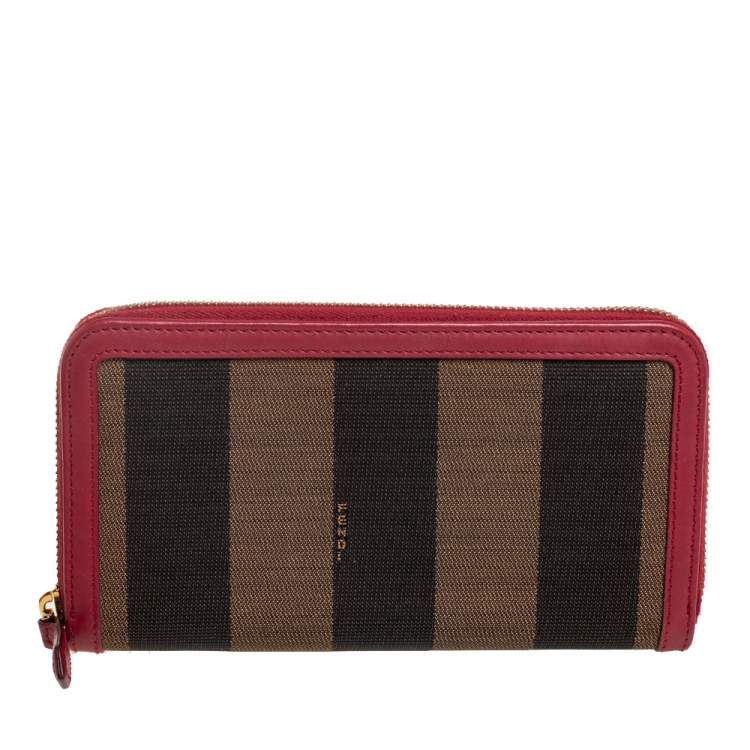 Pre Owned Fendi Red/Tobacco Pequin Canvas Zip Around Wallet