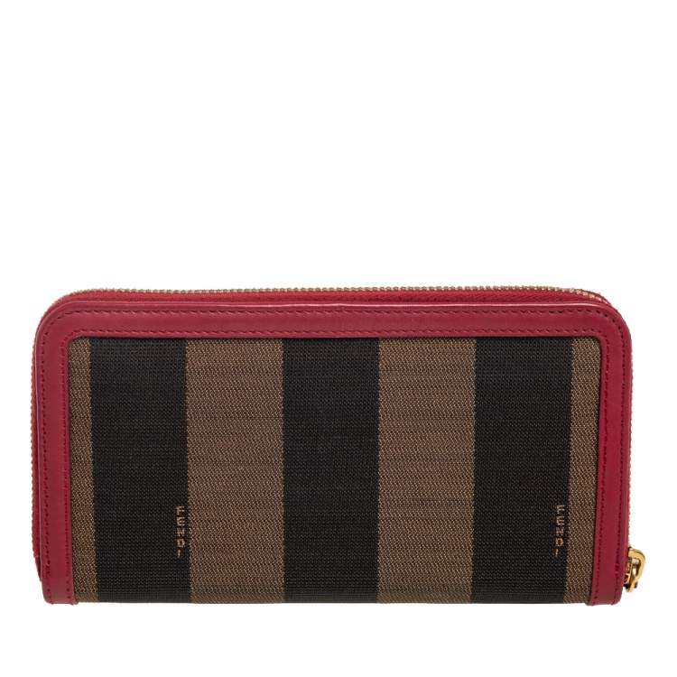 Pre Owned Fendi Red/Tobacco Pequin Canvas Zip Around Wallet