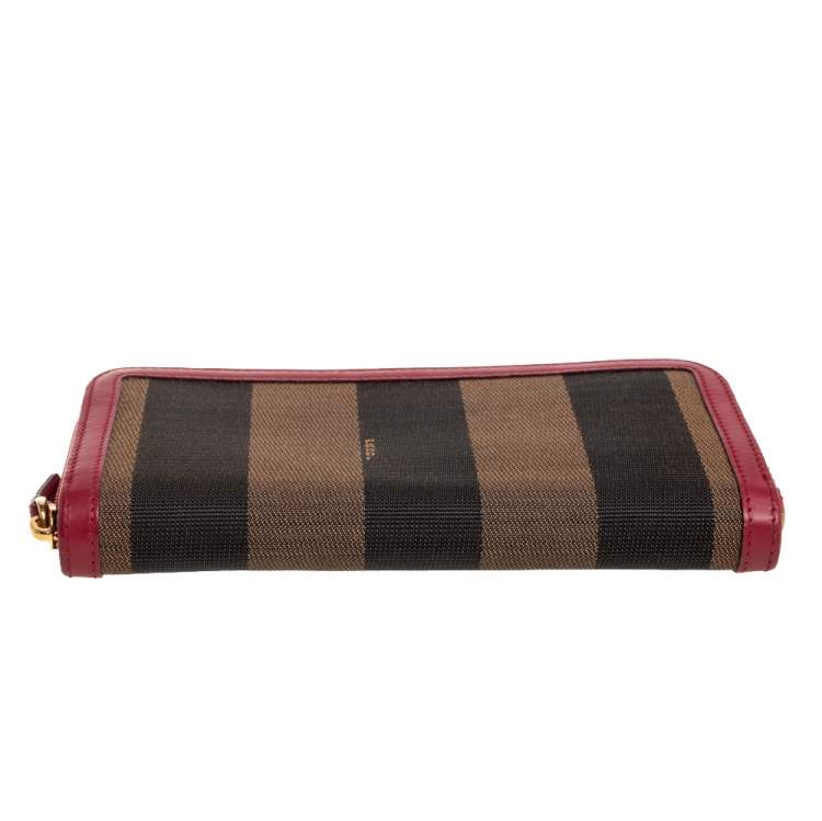 Pre Owned Fendi Red/Tobacco Pequin Canvas Zip Around Wallet