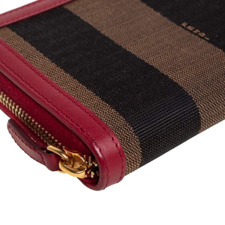 Pre Owned Fendi Red/Tobacco Pequin Canvas Zip Around Wallet