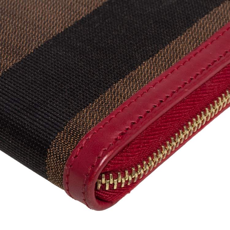Pre Owned Fendi Red/Tobacco Pequin Canvas Zip Around Wallet