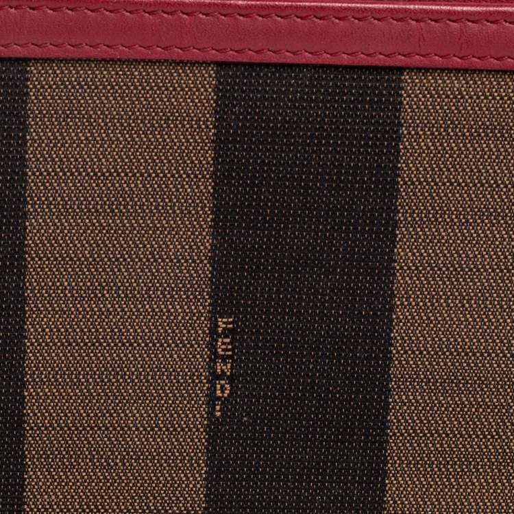 Pre Owned Fendi Red/Tobacco Pequin Canvas Zip Around Wallet