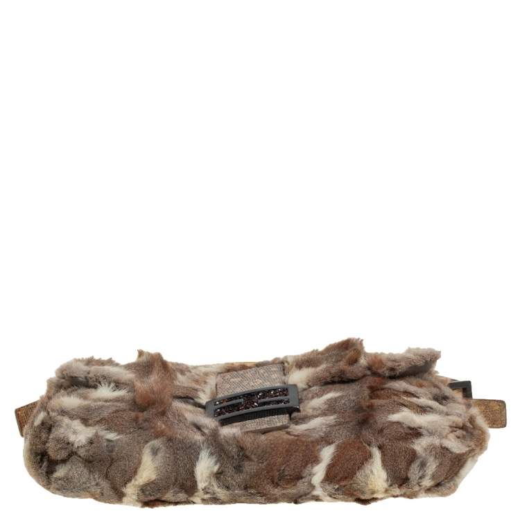 Pre Owned Fendi Brown/Beige Fur and Lizard Trim Baguette Bag