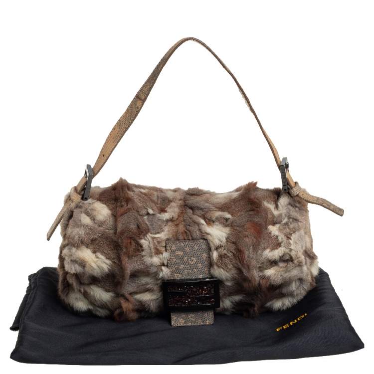 Pre Owned Fendi Brown/Beige Fur and Lizard Trim Baguette Bag