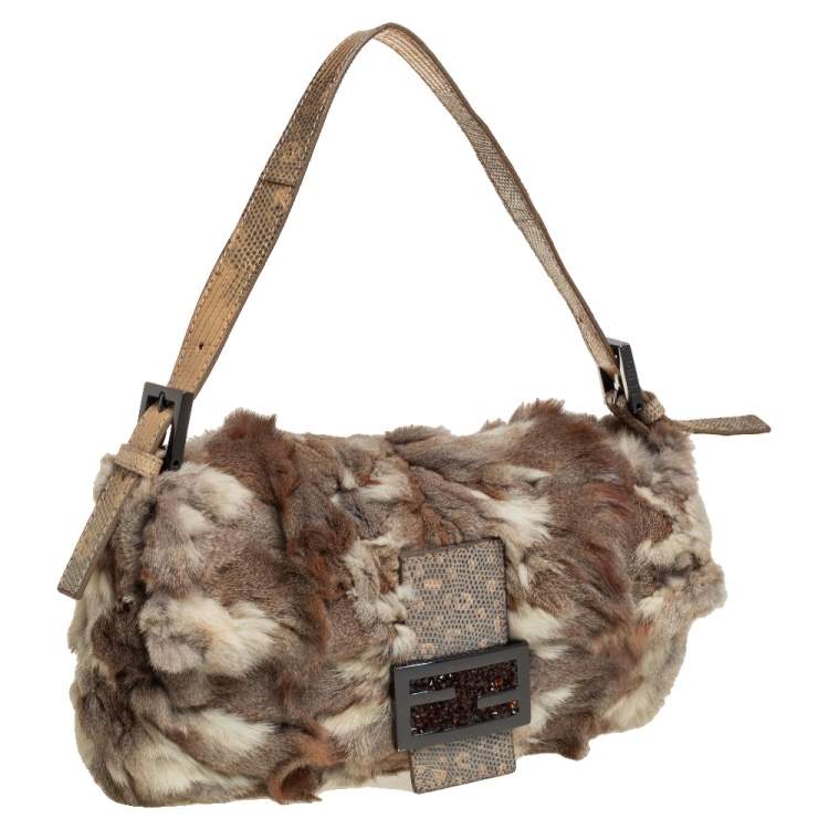 Pre Owned Fendi Brown/Beige Fur and Lizard Trim Baguette Bag