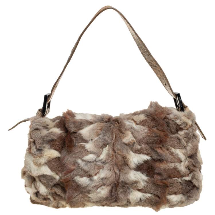 Pre Owned Fendi Brown/Beige Fur and Lizard Trim Baguette Bag