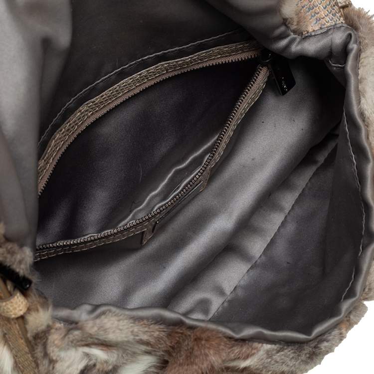 Pre Owned Fendi Brown/Beige Fur and Lizard Trim Baguette Bag