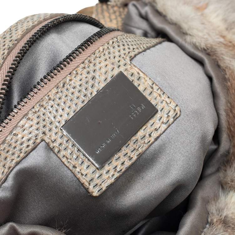 Pre Owned Fendi Brown/Beige Fur and Lizard Trim Baguette Bag
