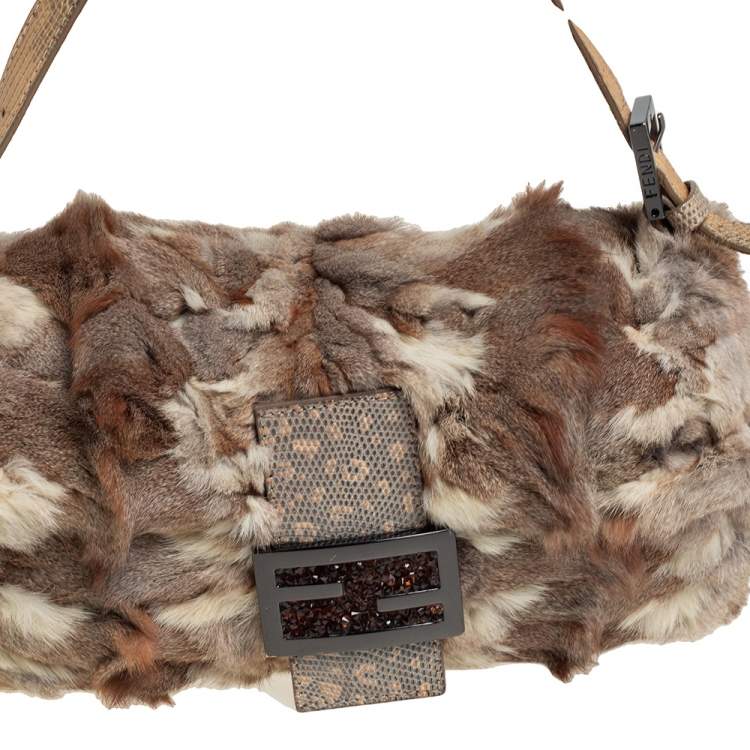 Pre Owned Fendi Brown/Beige Fur and Lizard Trim Baguette Bag