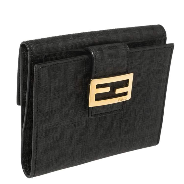 Pre Owned Fendi Black Zucchino Coated Canvas Compact Wallet