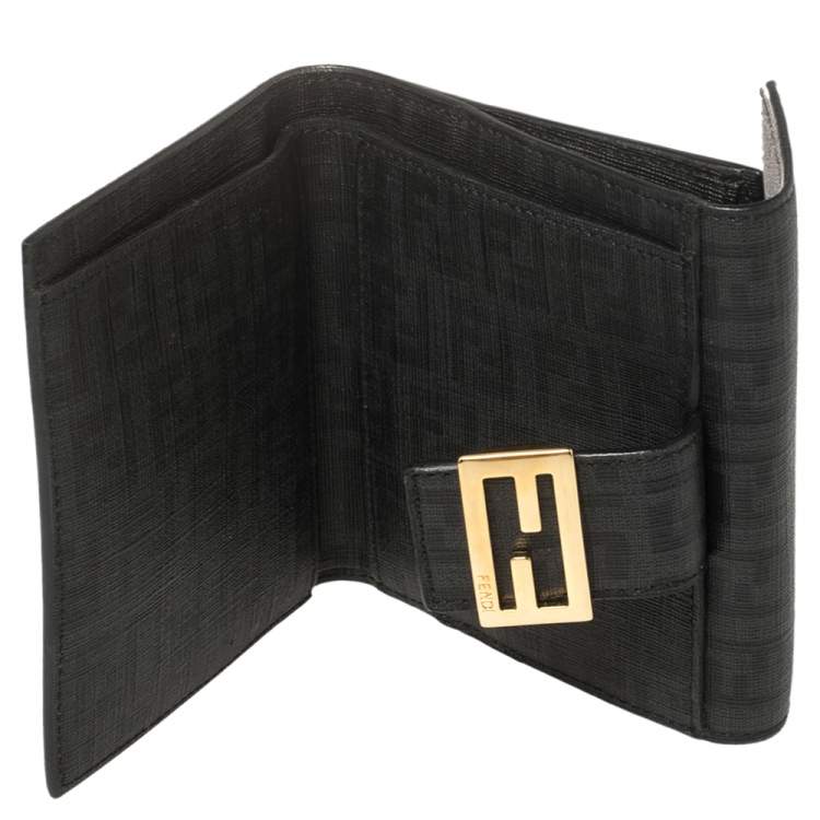 Pre Owned Fendi Black Zucchino Coated Canvas Compact Wallet