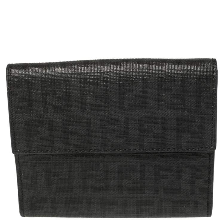 Pre Owned Fendi Black Zucchino Coated Canvas Compact Wallet