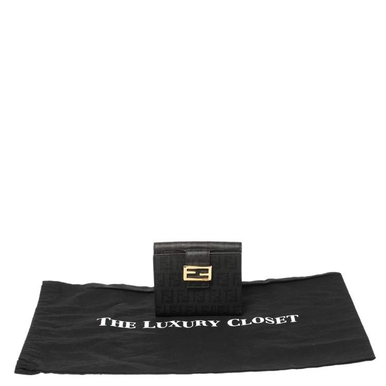 Pre Owned Fendi Black Zucchino Coated Canvas Compact Wallet