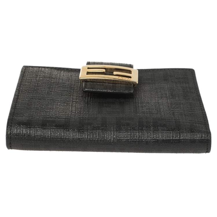 Pre Owned Fendi Black Zucchino Coated Canvas Compact Wallet