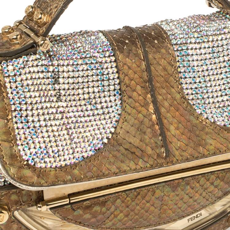 Pre Owned Fendi Metallic Gold Python Leather Crystal Embellished Top Handle Bag